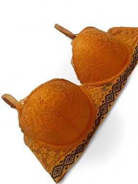 Kiss & Tell Intimates • Orange/Black Aztec Lace Padded Bralette • SIZE - 34B